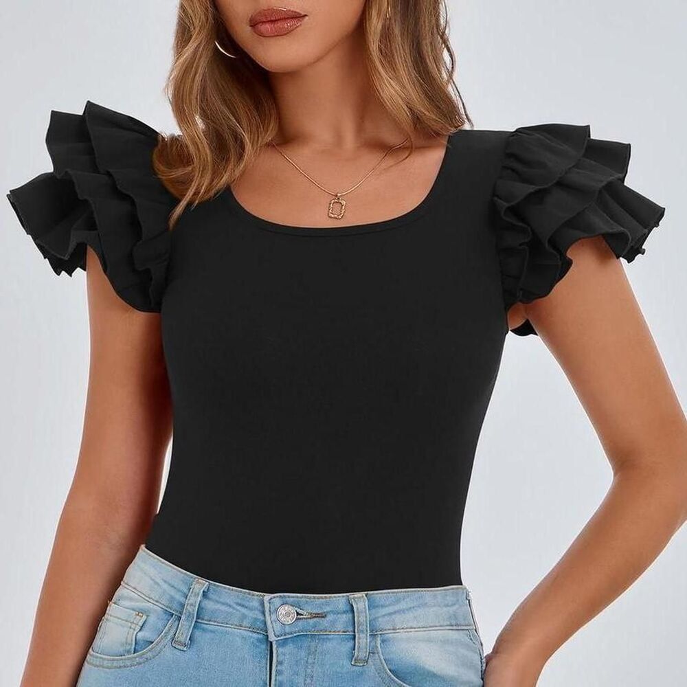 Prettygarden Women's Black Blouse Ruffle Short Casual